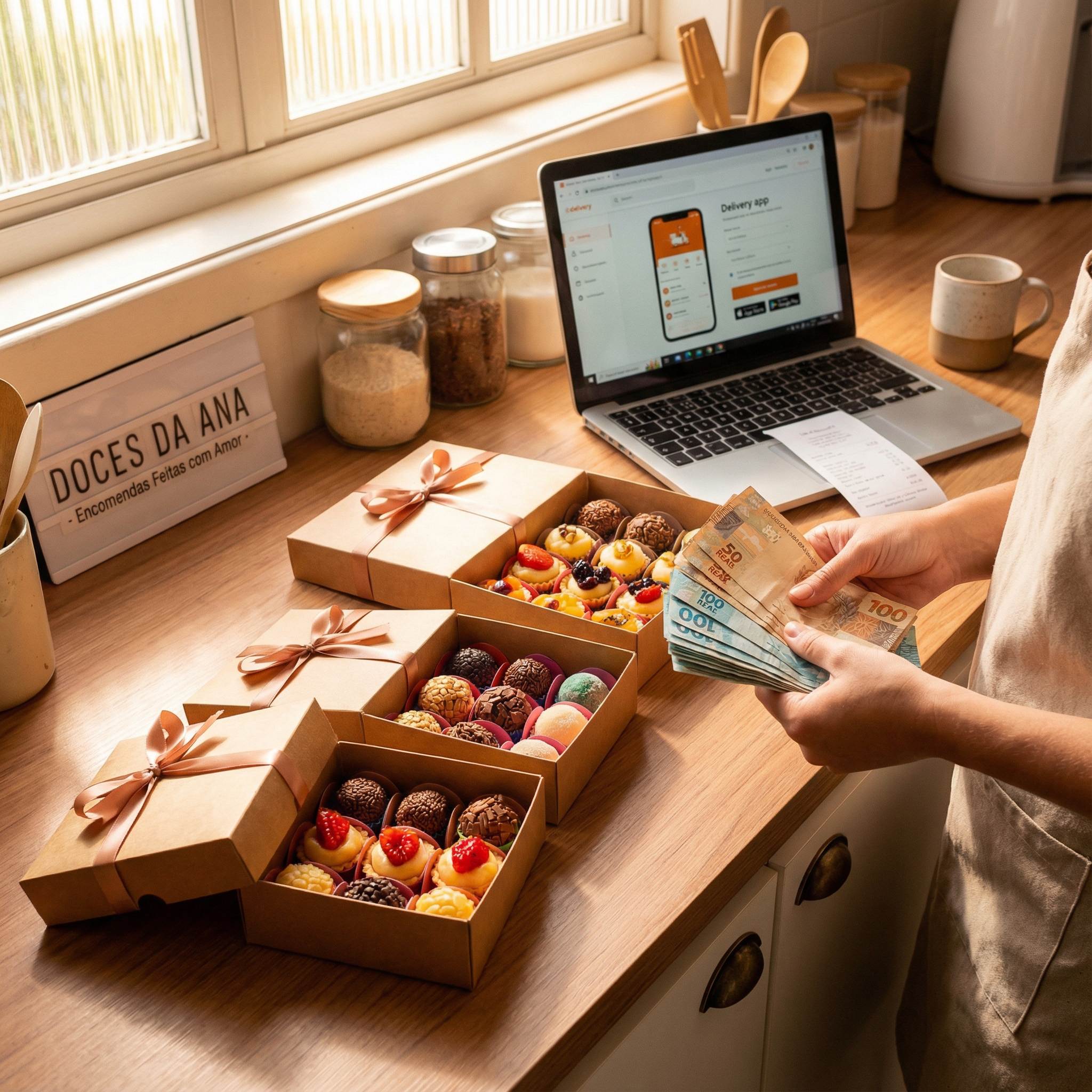 Negocio de doces lucrativo - caixas de doces gourmet e dinheiro
